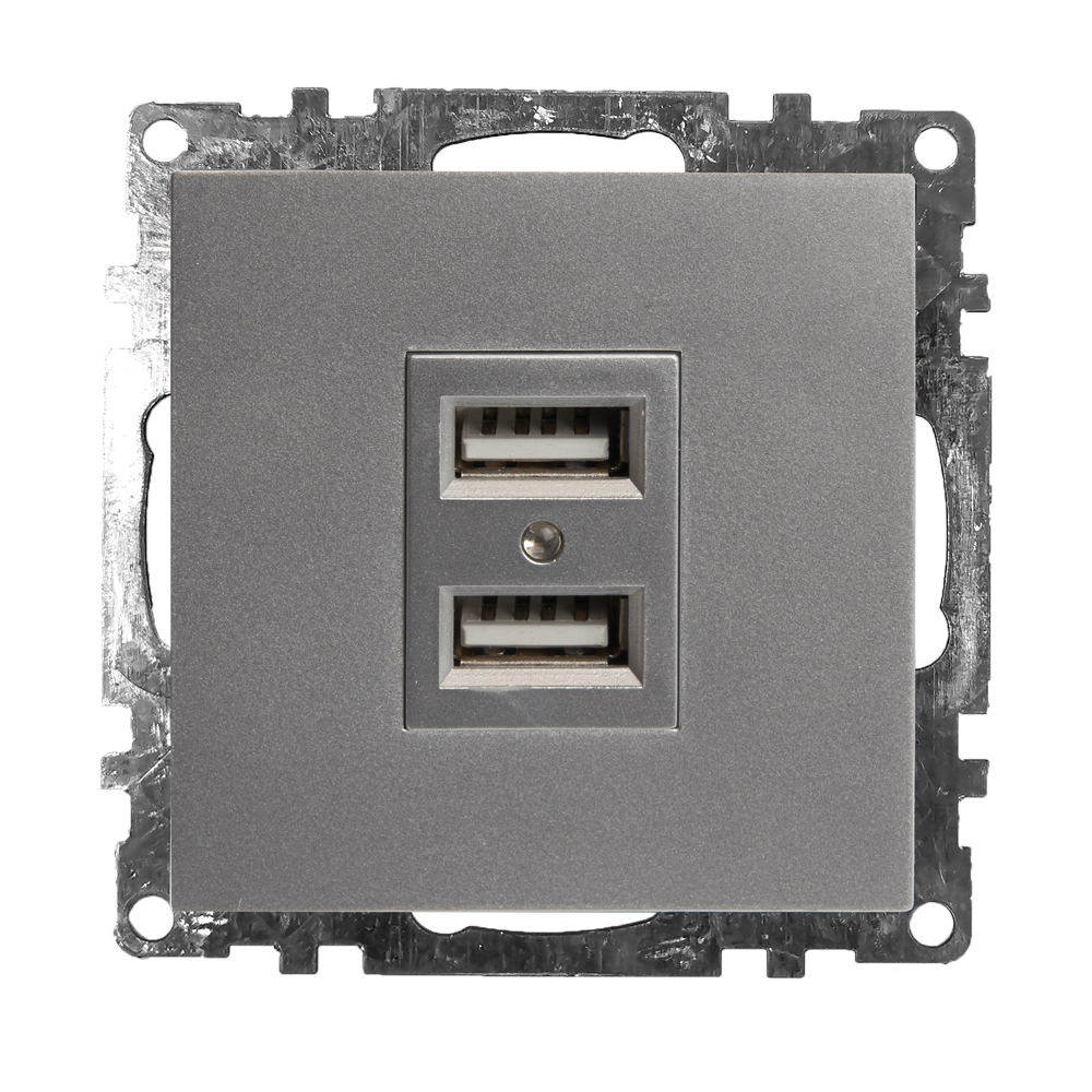 Розетка 2-местная USB (механизм), STEKKER GLS10-7115-03, 250V, 2,4А, серия Катрин, серебро 39588