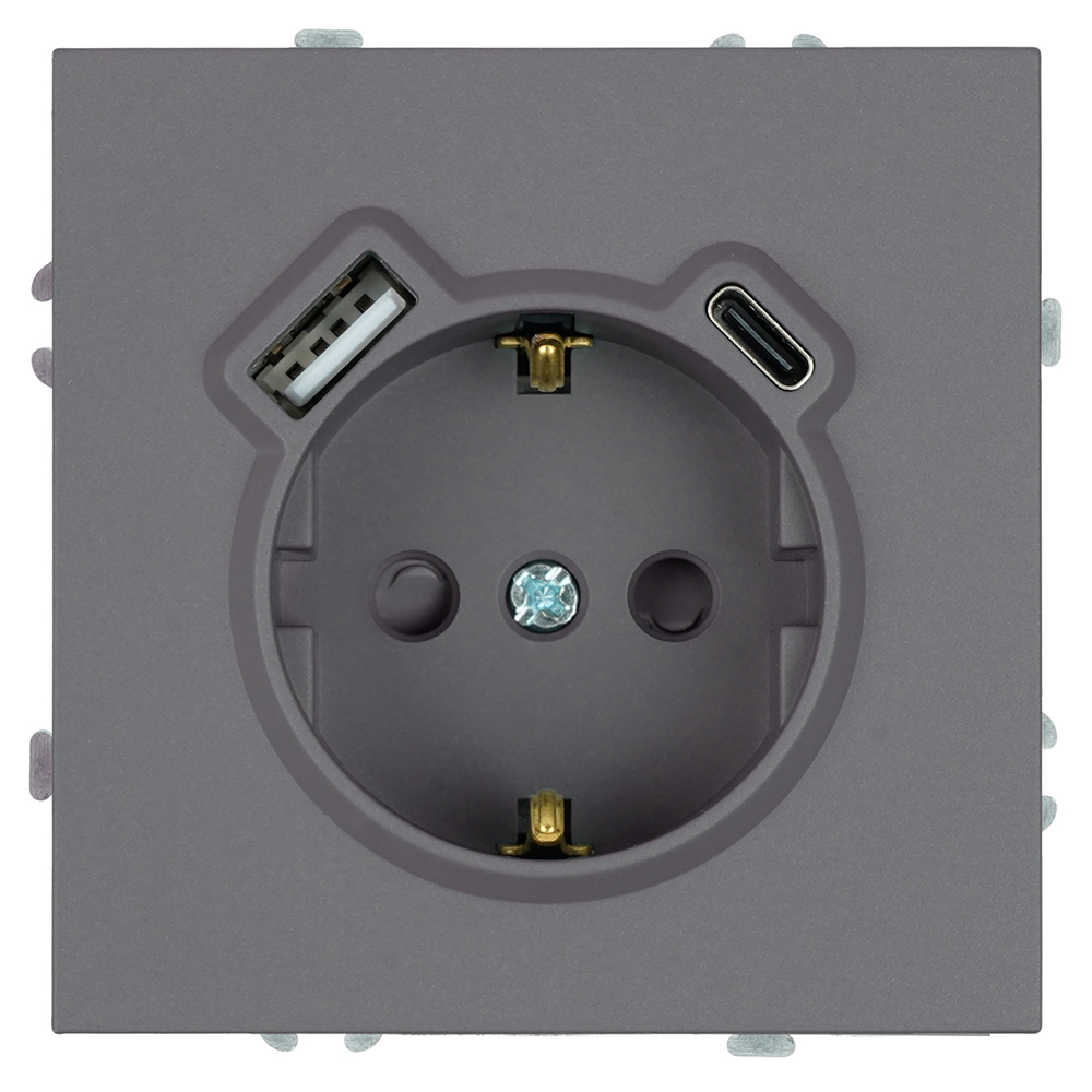 Розетка 1-местная, с заземлением, USB Type-C (механизм), STEKKER, 250В, 16А, 20Вт, серия Эмили, платиново-серый 50219