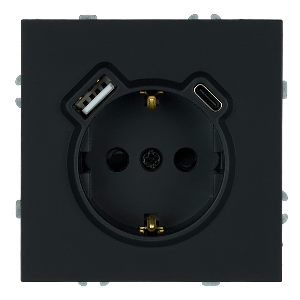 Розетка 1-местная, с заземлением, USB Type-C (механизм), STEKKER, 250В, 16А, 20Вт, серия Эмили, черный уголь, Soft Touch 50218