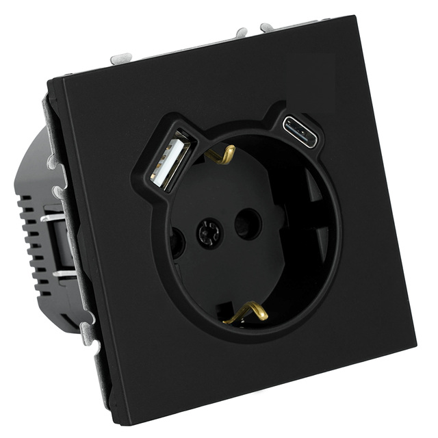 Розетка 1-местная, с заземлением, USB Type-C (механизм), STEKKER, 250В, 16А, 20Вт, серия Эмили, черный уголь, Soft Touch 50218 — фото 2