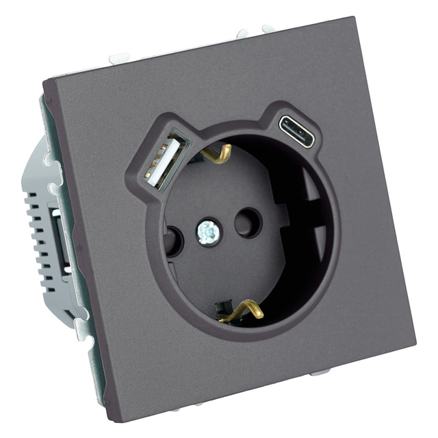 Розетка 1-местная, с заземлением, USB Type-C (механизм), STEKKER, 250В, 16А, 20Вт, серия Эмили, платиново-серый 50219 — фото 2