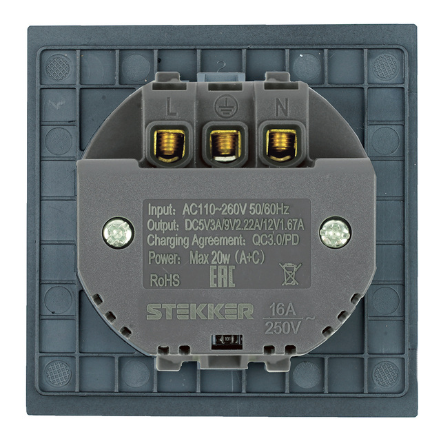 Розетка 1-местная з/ш с/з 16А USB Type-C (механизм), STEKKER, 250В, 20Вт, серия Мия, , 50452 — фото 5