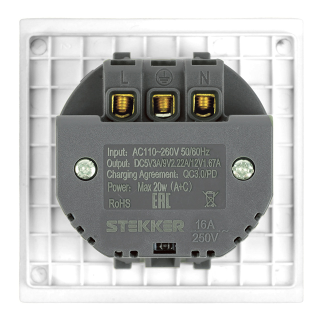 Розетка 1-местная з/ш с/з 16А USB Type-C (механизм), STEKKER, 250В, 20Вт, серия Мия, , 50438 — фото 5