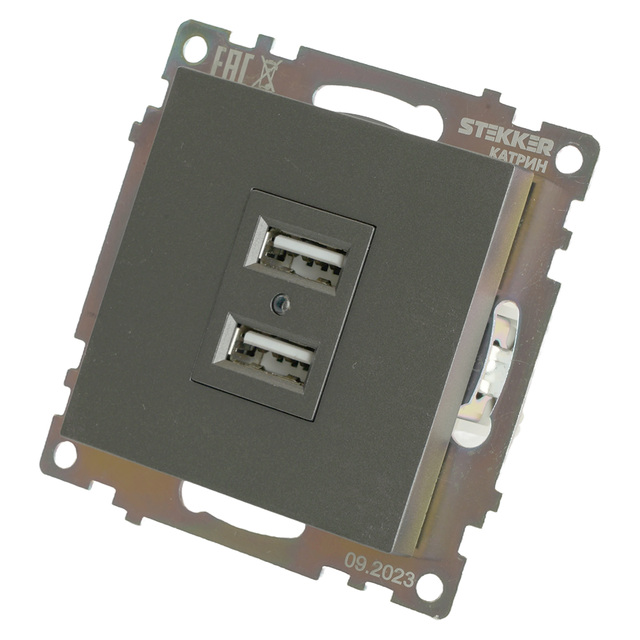 Розетка 2-местная USB (механизм), STEKKER GLS10-7115-06, 250V, 2,1А, серия Катрин, графит 49422 — фото 3