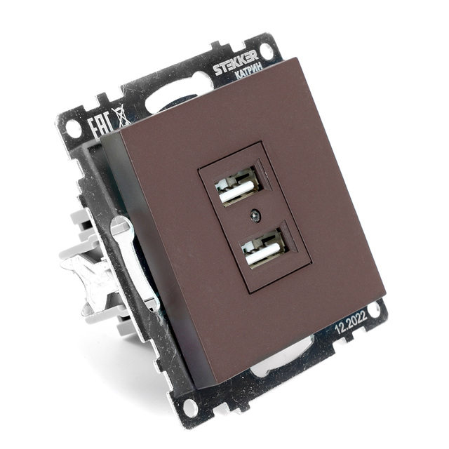 Розетка 2-местная USB (механизм), STEKKER GLS10-7115-04, 250V, 2,4А, серия Катрин, шоколад 49027 — фото 5