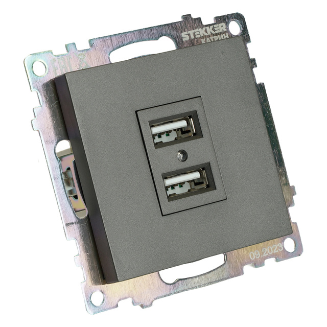 Розетка 2-местная USB (механизм), STEKKER GLS10-7115-06, 250V, 2,1А, серия Катрин, графит 49422 — фото 4