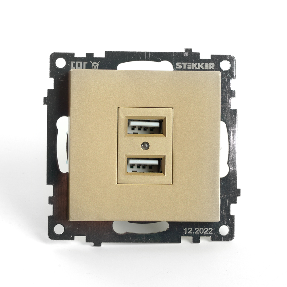 Розетка 2-местная USB (механизм), STEKKER GLS10-7115-08, 250V, 2,1А, серия Катрин, золото 49229
