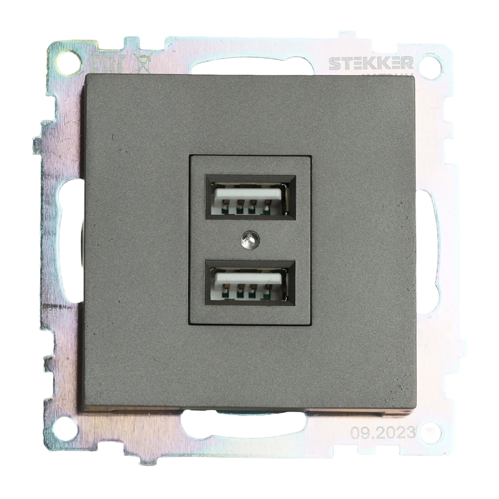 Розетка 2-местная USB (механизм), STEKKER GLS10-7115-06, 250V, 2,1А, серия Катрин, графит 49422
