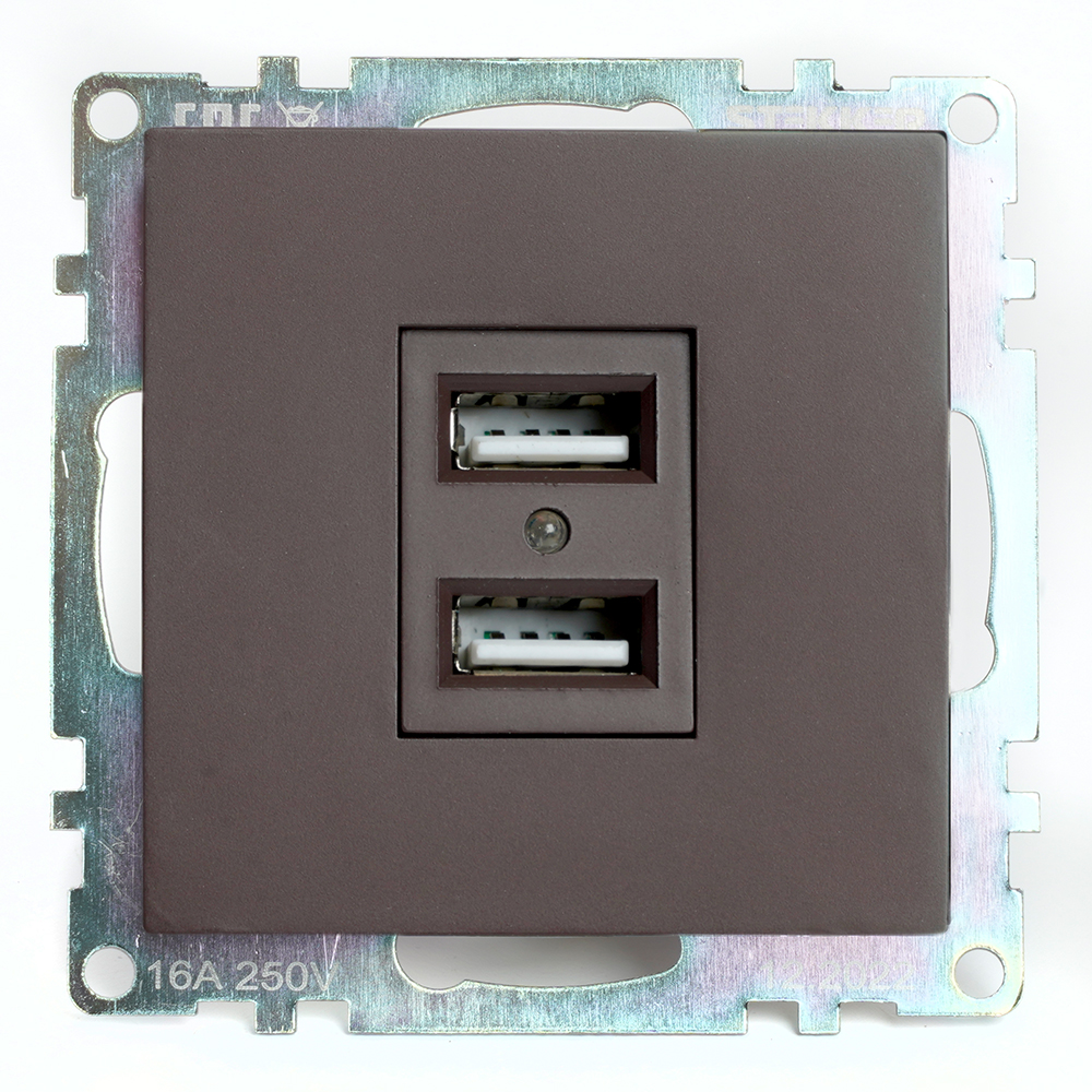 Розетка 2-местная USB (механизм), STEKKER GLS10-7115-04, 250V, 2,4А, серия Катрин, шоколад 49027