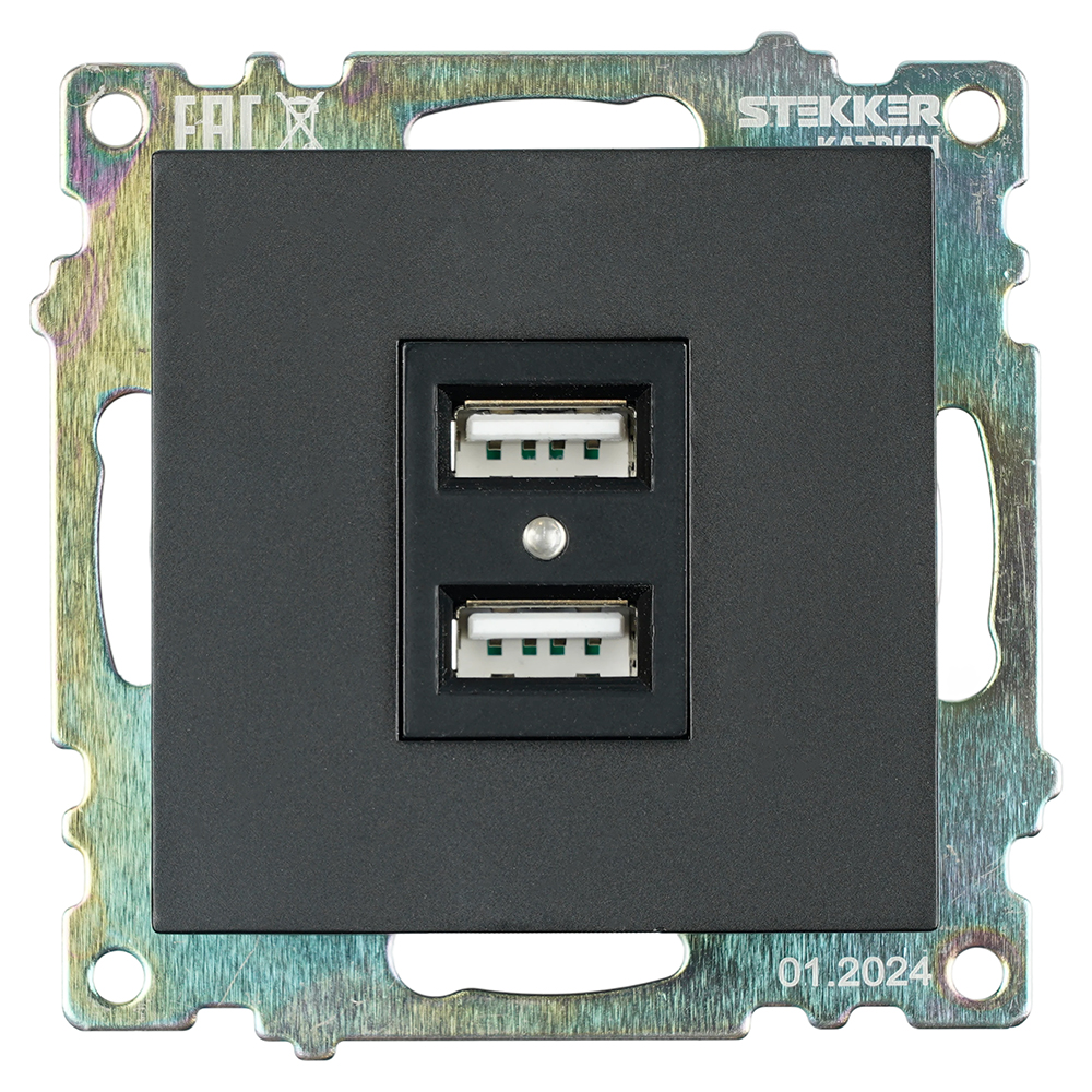 Розетка 2-местная USB (механизм), STEKKER GLS10-7115-05, 250V, 2,4А, серия Катрин, черный 39616