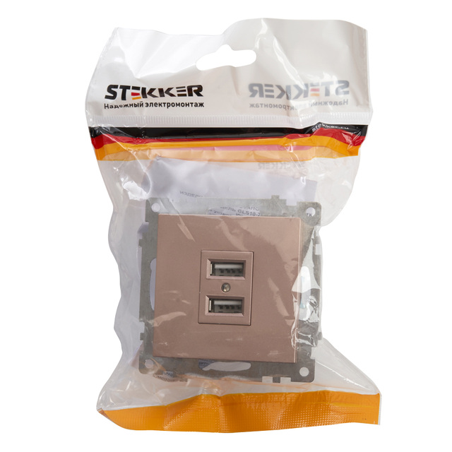 Розетка 2-местная USB (механизм), STEKKER GLS10-7115-02, 250V, 2,4А, серия Катрин, шампань 39602 — фото 3