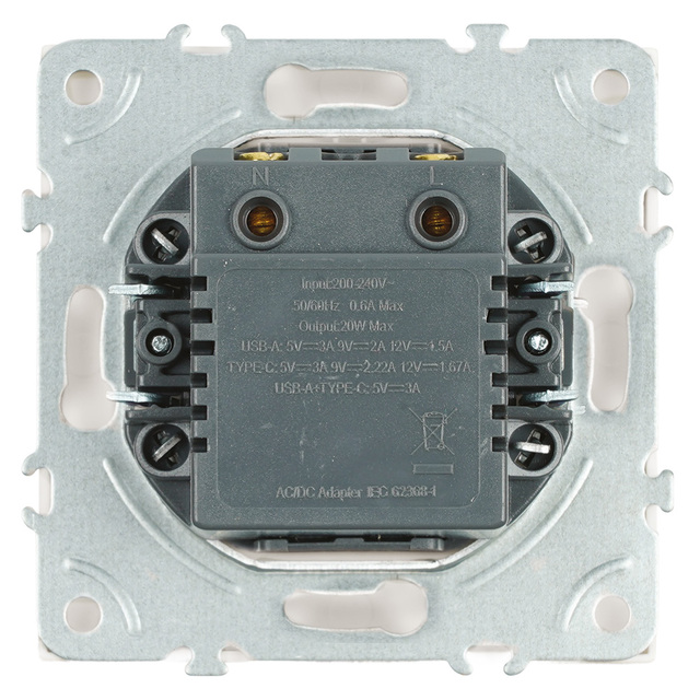 Розетка 2-местная USB + Type C (механизм), STEKKER, 250В, 20W, серия Эмили, RST10-5115-01, белый фарфор, soft touch 49879 — фото 5