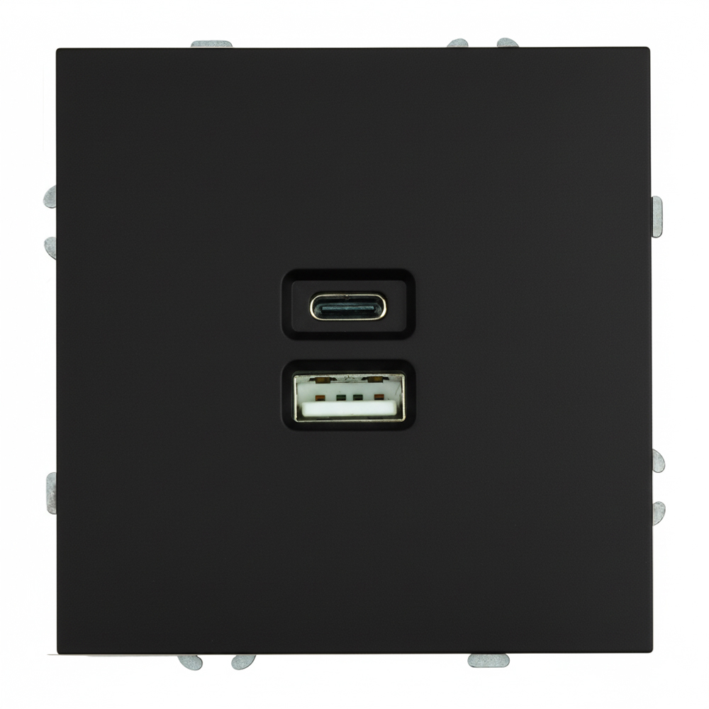 Розетка 2-местная USB + Type C (механизм), STEKKER, 250В, 20W, серия Эмили, RST10-5115-05, черный уголь, soft touch 49853