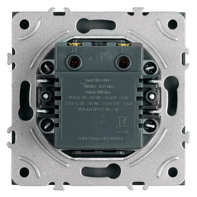 Розетка 2-местная USB + Type C (механизм), STEKKER, 250В, 20W, серия Эмили, RST10-5115-10, платиново-серый, soft touch 49957 — фото 5