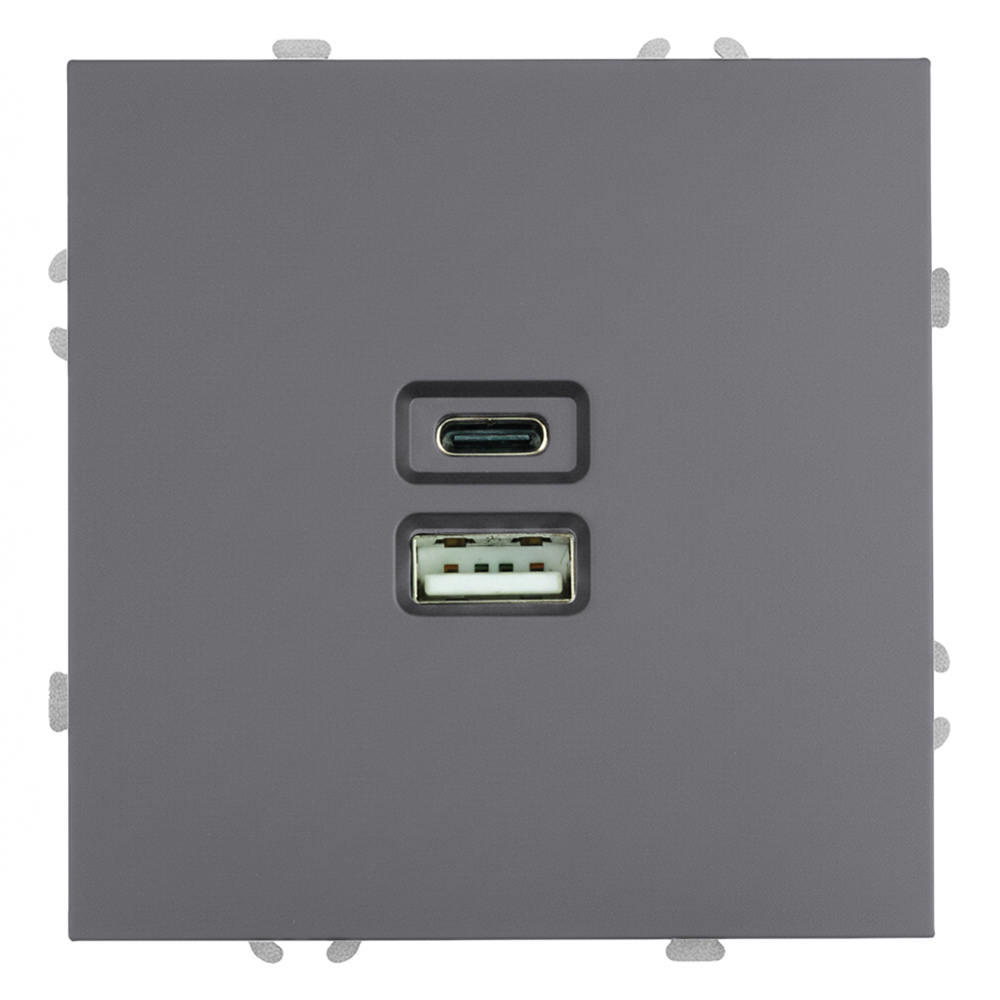 Розетка 2-местная USB + Type C (механизм), STEKKER, 250В, 20W, серия Эмили, RST10-5115-10, платиново-серый, soft touch 49957