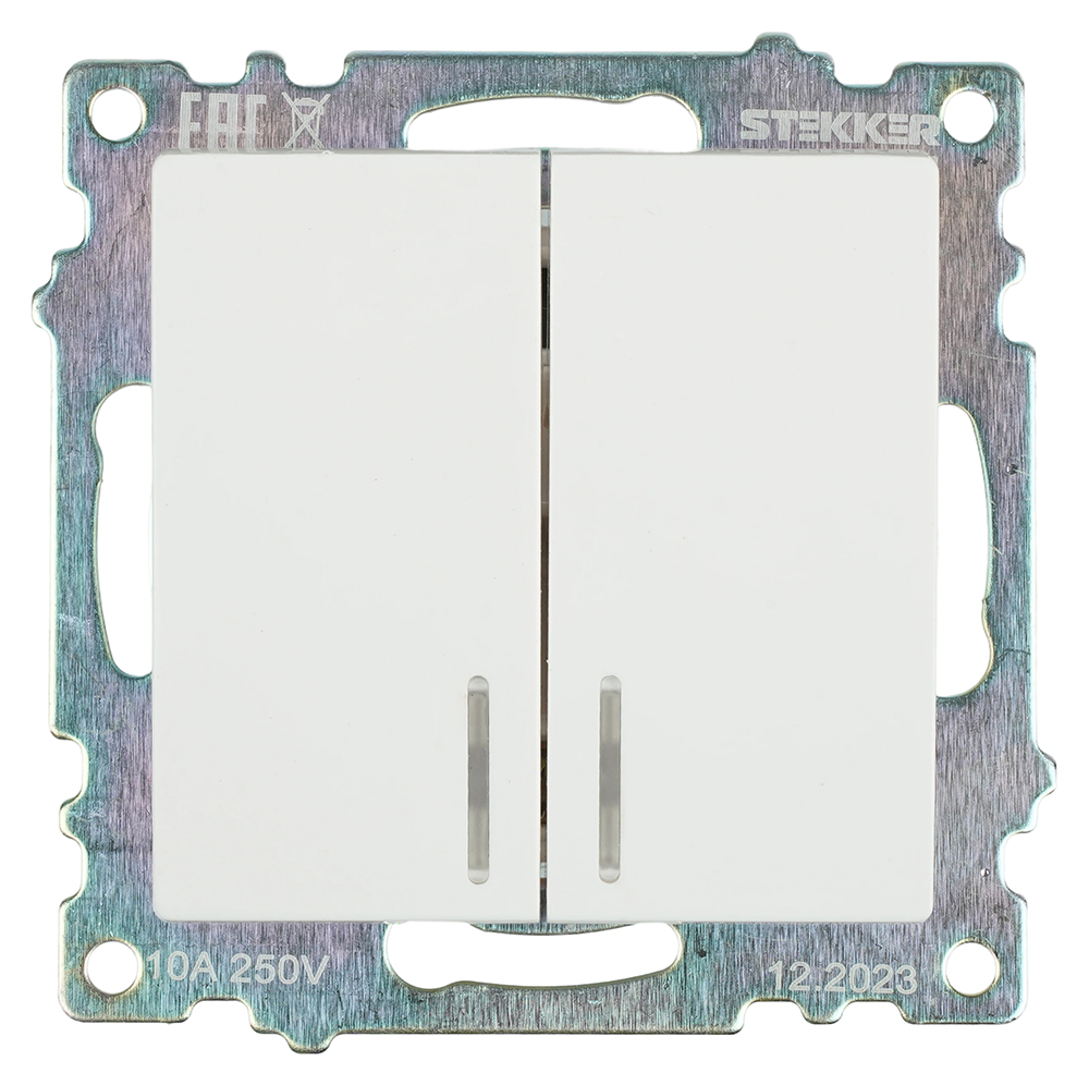 Выключатель 2-клавишный с индикатором (механизм), STEKKER GLS10-7102-01, 250V, 10А, серия Катрин, белый 39301